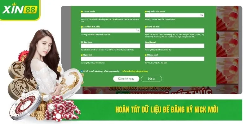 Hoàn tất dữ liệu để đăng ký nick mới